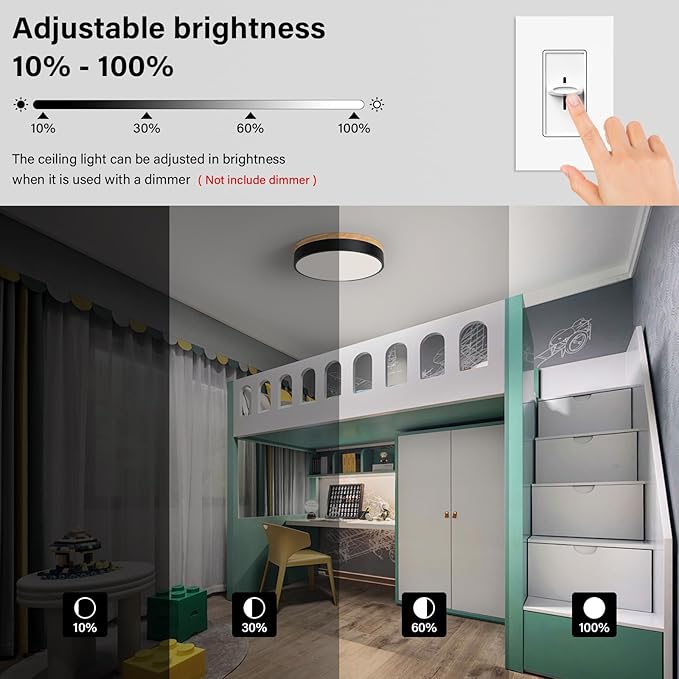 Modern Wood Oak Black Flush Mount Ceiling Light Dimmable LED Ceiling Light Fixture 2700K-6000K 5CCT Minimalist Circle Close to Lighting Lamp for Kitchen Bathroom Bedroom Laundry Room, 11.8''