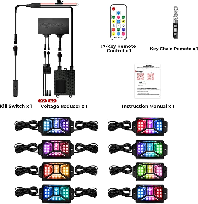8PCS 12V-72V Golf Cart Lights, RGB Led Underglow Light Kit with 2 Remotes and App Control, Voltage Converter, Waterproof, Sound Active, Battery Drain Protect Kill Switch Golf Cart Underglow Lights