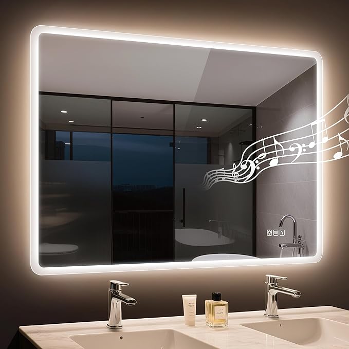 STARLEAD 40"x32" LED Bathroom Mirror with Bluetooth Speaker, 3 Color Temperature, Stepless Dimming, Anti-Fog, Touch Control, Wall-Mounted Vanity Mirror, Vertical or Horizontal