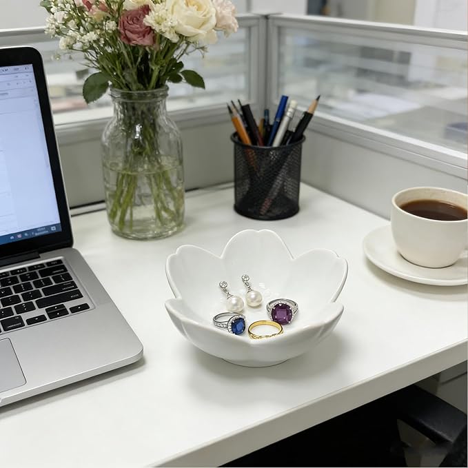 Ceramic Jewelry Dish, White Small Jewelry Bowl, Flower Ring Dsih Decorative Jewlery Tray, Cute Trinket Tray Jewelry Holder for Bathroom Nightstand, Friendship Birthday Gifts for Women Mom