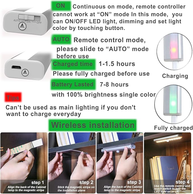 LDOPTO Under Cabinet Lights Wireless 4 Pack, Rechargeable Battery Operated Lights with Remote, Dimmable Led Closet Lights, Under Counter Lights Stick-on Touch Night Light for Kitchen, 3 Colors