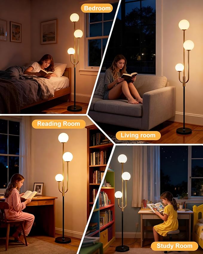 Lightdot 66IN Globe Floor Lamp 3-Lights Vintage Floor Lamps with 3000K Warm White Bulbs Included for Wedding Party Modern Tall Standing Lamp for Living Room/Bedroom-Gold & Black