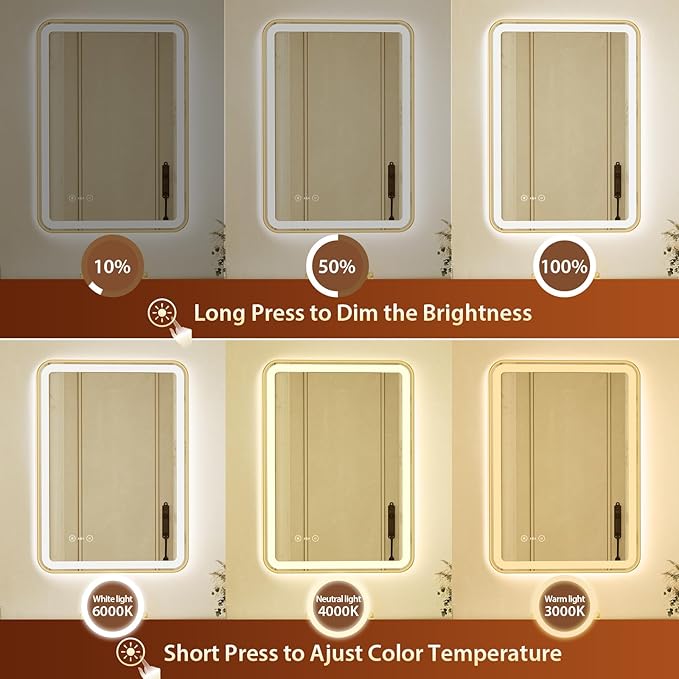 24x32 Inch Gold Framed LED Bathroom Mirror with Lights,Smart Bathroom Mirror,Motion Sensor,Anti-Fog,Stepless Dimmable & 3 Colors,Memory,Vanity Mirror for Wall