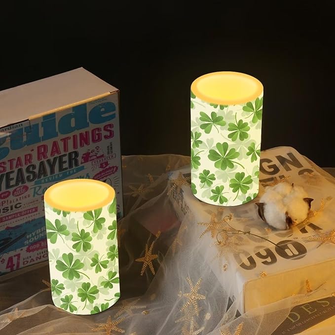 St Patricks Day Candles Battery Operated Flameless Candles with Remote Fall Decorations LED Fake Candles for Home Bedroom Irish Lucky Day Leaves Table Decor 3 inch Set of 2