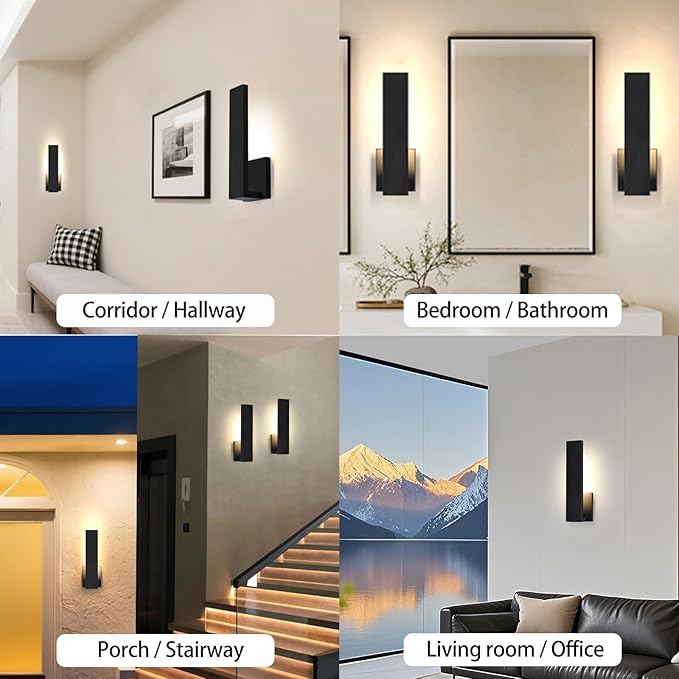 Aluminum LED Modern Wall Sconces Set of 2, 18W Matte Black Waterproof Sconce Wall Lighting Indoor Outdoor, Hardwired Wall Lights for Office,Porch, Bedroom, Bathroom, Living Room,Stairway