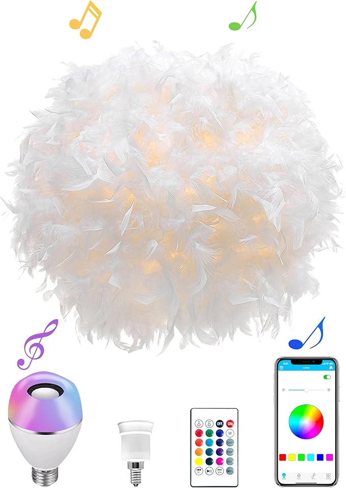Feather Lamp Shade with Smart RGB Light Bulb, Built-in Bluetooth Speaker, Remote & APP Control, Fluffy Girl Room Decor, 600 Lumens, 15.7inches, White