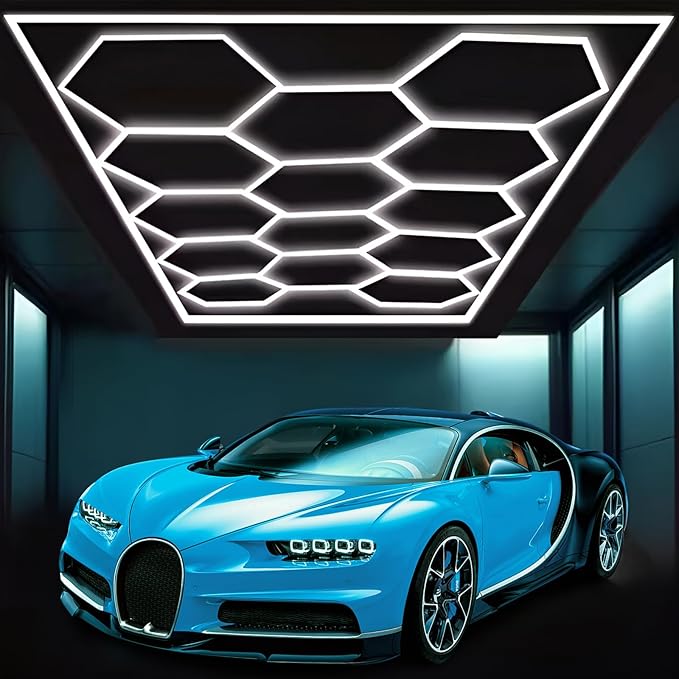 Large Hexagon Garage Lights 14 Hex Led Lights with Rectangle Frame Octagon Honeycomb Commercial Lighting for Garage Car Detailing Barber Shop Gym Warehouses Basement.