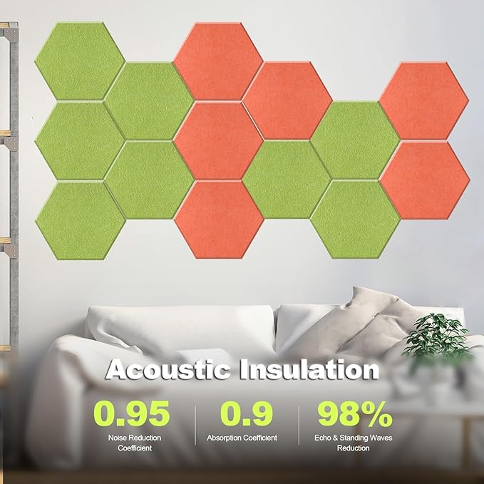 Mollywell Hexagon Acoustic Panels 14x12 - Reduce Echo & Reverb, Noise Blocking Wall Tiles for Playroom & Studio, Orange & Fruit Green Sound Absorbing Panels