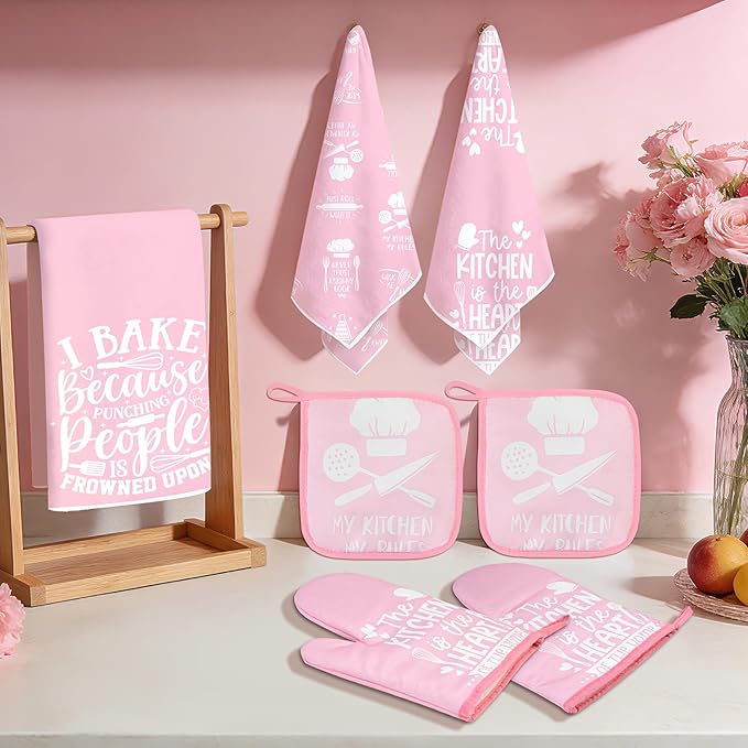 8 Pcs Pink Kitchen Decor Set 4 Pink Kitchen Dish Towels 2 Oven Mitt 2 Pot Holders for Kitchens Cooking Baking Spring Valentine's Day Decoration Farmhouse Housewarming Accessories Mom Gifts