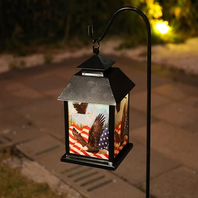 Afirst Solar Lantern Outdoor, Hanging Lights Decorative American Flag Outdoor Lighting Waterproof Umbrella Lights for Patio Garden, Table,Party Decor（Included Shepherd Hook）