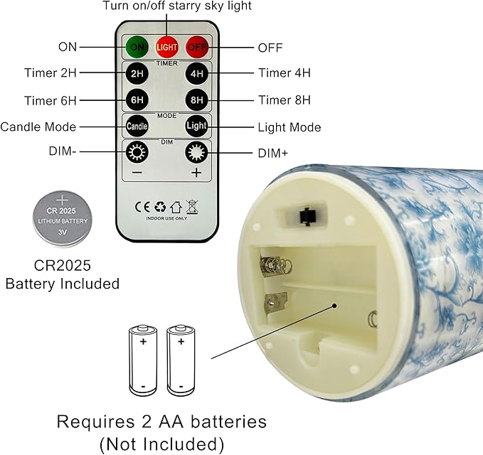 Blue Floral Flameless LED Pillar Candles with String Lights, 3pcs Battery Operated Flickering Candles with Remote Timer, Decorative Flower Printed Candles for Wedding Home Decor Romantic Ambiance