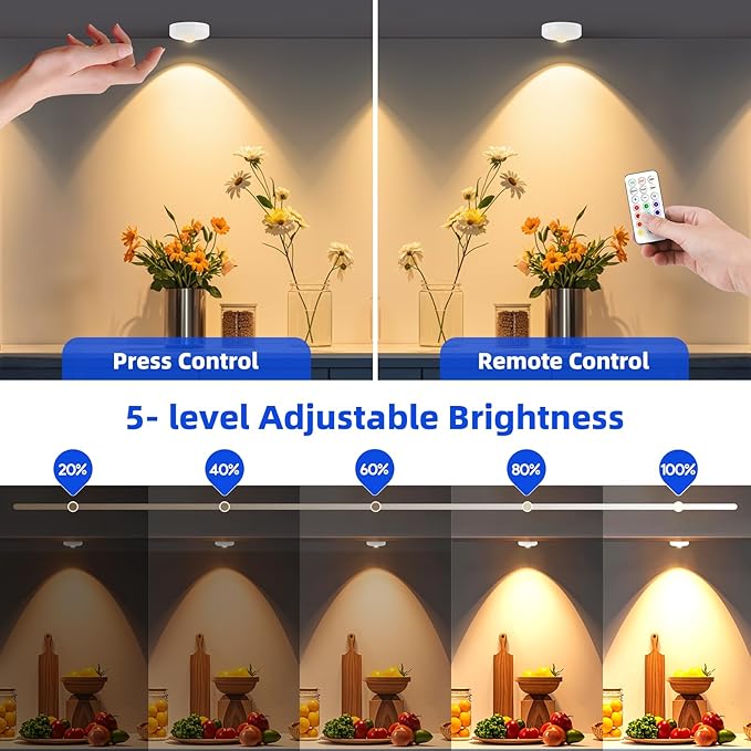 LED Puck Lights with Remote Control, 13 Colors Battery Operated Tap Lights, Dimmer& Timer Under Cabinet Light, Wireless Stick on Light for Closet, Bedroom, Kitchen White 6Pcs