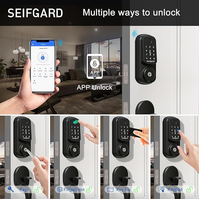 Keyless Entry Door Lock with Handle Set, Smart Door Lock for Front Door with Woodworking Flat Wing Drill, Electronic Keypad Deadbolt Lock, Auto Lock Compatible with Alexa, Black