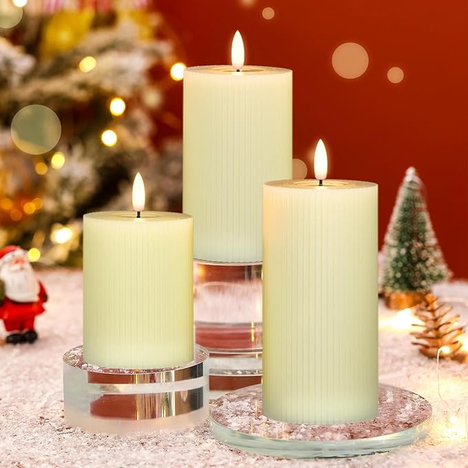 DRomance Battery Operated Flameless Candles with 6 Hour Timer 3 Pack Real Wax Vertical Stripe 3D Wick Flickering LED Pillar Candles Dinner Wedding Christmas Holiday Decor(Ivory, 3" D x 5", 6", 7" H)