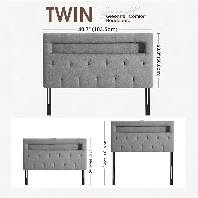 GREENSTELL Headboard for Twin Size Bed with 60,000 DIY Color of LED Light, USB & Type C Post, Attach Frame, Height Adjustable, Gray Wall Mounted Head Boards Only, Sturdy & Stable, Comfortable, Twin