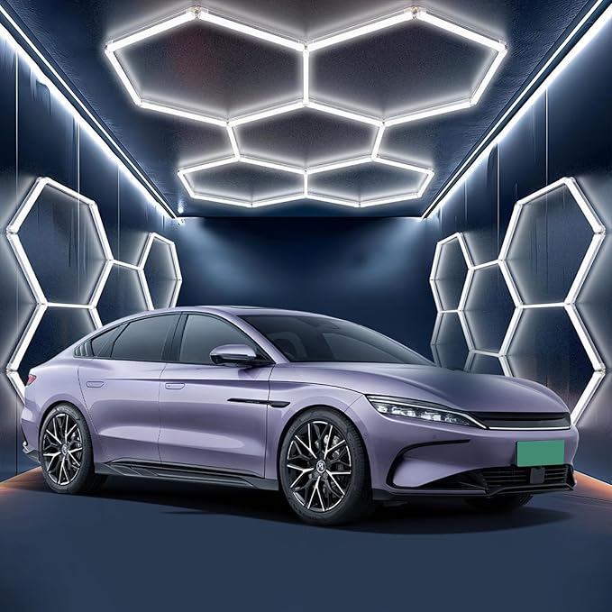 Garage Hexagon Lights, 60W 24V 6500K Higher Brightness Hex Garage Lights, Plug and Play, Lightweight DIY Assembly Hexagonal Light for Car Detailing Auto Beauty Shop Decor（with Remote Control）
