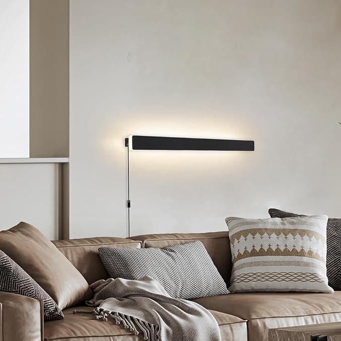 Modern Plug in Wall Sconces, 23.6 inch Frosted Black LED Long Wall Lights, 12W Warm White 3000K Acrylic Indoor Wall lamp,with 59" Plug Cable for Bedroom, Living Room, Bathroom Makeup, Hallway