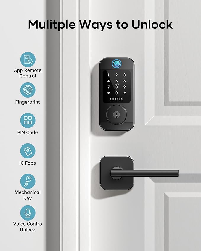 Keyless Door Lock with Handle Set - SMONET WiFi Fingerprint Smart Locks for Front Door, App Remote Control, Digital Bluetooth Keypad Deadbolt Set with Alexa, Auto Lock, Code, Fobs for Home Black
