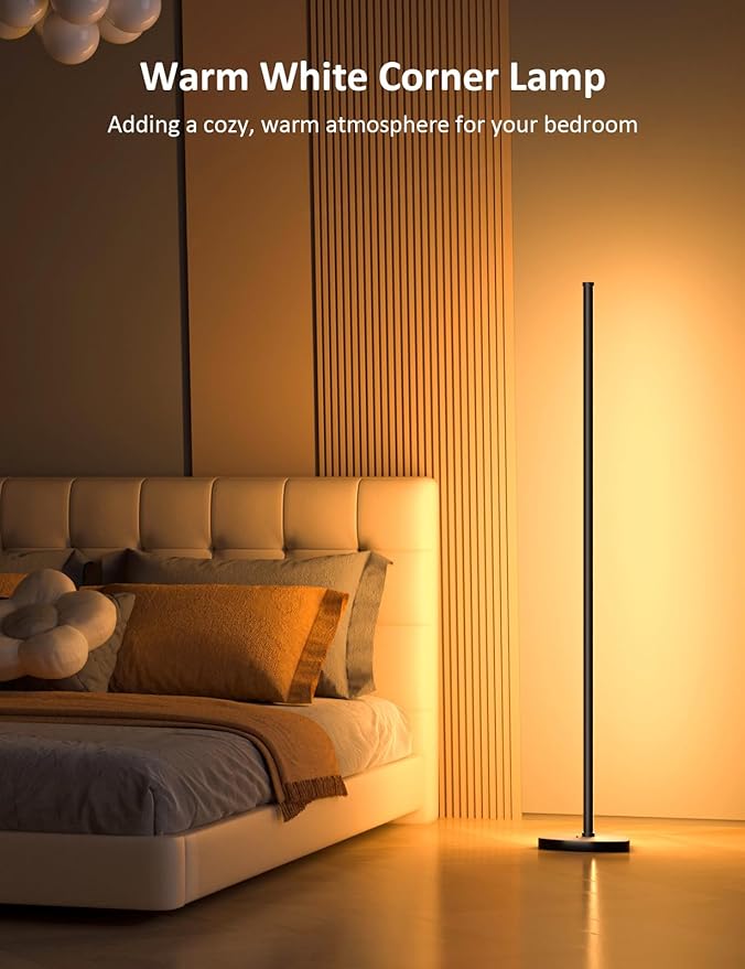 Corner Floor Lamp, 57.5" LED Corner Lamp with APP and Remote Control, 16 Million Colors & Dynamic Modes, Music Sync, Timing Function, Color Changing Ambient Light for Living Room, Bedroom, Gaming