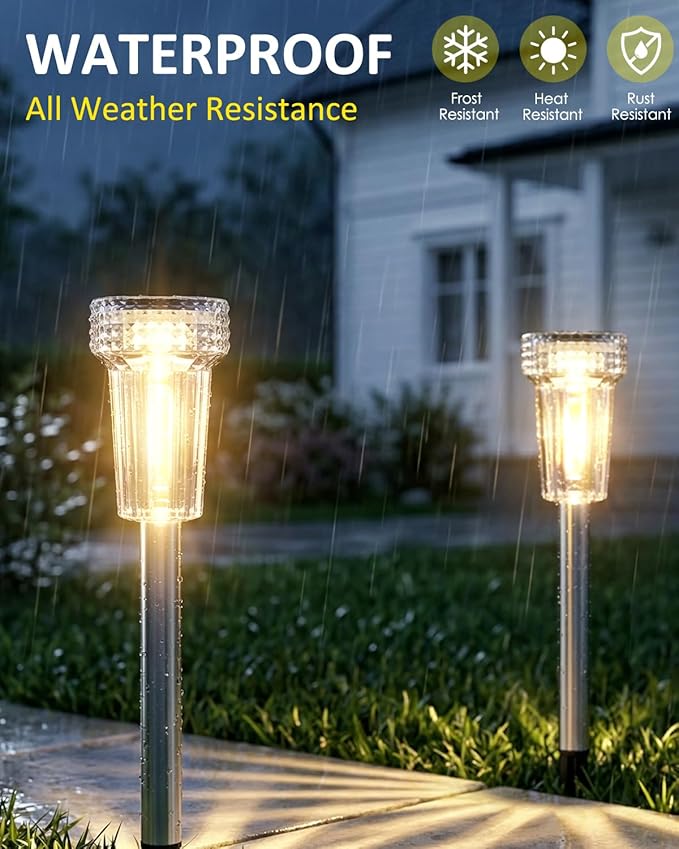 DERAYSION 12 Pack Solar Pathway Lights Outdoor, Auto Dusk-to-Dawn Landscape Garden Lighting, Waterproof Stainless Steel Pole Lighting for Path, Yard, Walkway, Garden, Driveway Decor - Warm White