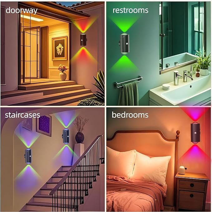 LED Wireless Wall Sconce with 7 Colors Changing, Motion Sensor Light Indoor, 1500mAh Rechargeable Battery Operated Wall Sconces for Bedroom Bedside Hallway Courtyard Doorway (Black)