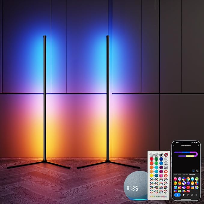 Corner Floor Lamp 2 Pack, Smart RGB Led Floor Light, 16 Million Colors& 44+ Scene, Works with Alexa, Music Sync, Ambient Light with Remote& App Control for Living Room, Bedroom, Gaming Room