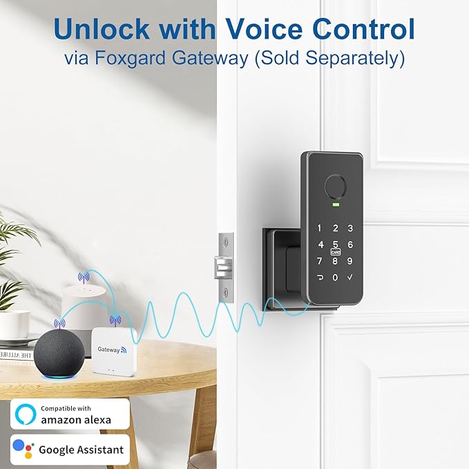 Foxgard Fingerprint Door Lock – 5-in-1 Biometric Smart Lock with Keypad, App Control, Key, Auto-Lock, Electronic Deadlock – Keyless Entry for Bedroom, Office, Indoor Use – Includes 2 IC Cards