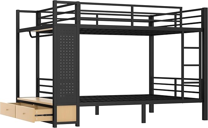 Bellemave Queen Over Queen Metal Bunk Bed with Storage Drawers and Shelves, Heavy Duty Bunk Beds with Pegboard and Coat Rack for Kids, Adults,Black