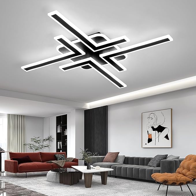 Modern Sputnik Flush Mount Ceiling Light Fixture 34.25Inches LED Dimmable Ceiling Light with Remote Control 3 Color 64W Black Chandelier for Kitchen Dining Room Living Room Bedroom.