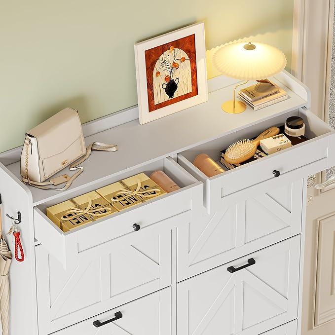 Shoe Cabinet for Entryway, Farmhouse Shoe Storage Cabinet with 6 Flip Drawers and 2 Top Drawers, Tall Narrow Shoe Organizer Cabinet with Adjustable Shelves, Side Hooks and Anti-Tip Kit