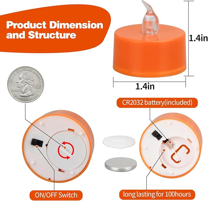 KOABY 24 Pack Warm Yellow Light Non-Flickering Flameless Tea Lights, Orange Base, Last 100H+, Battery Operated Tea Lights for Decor