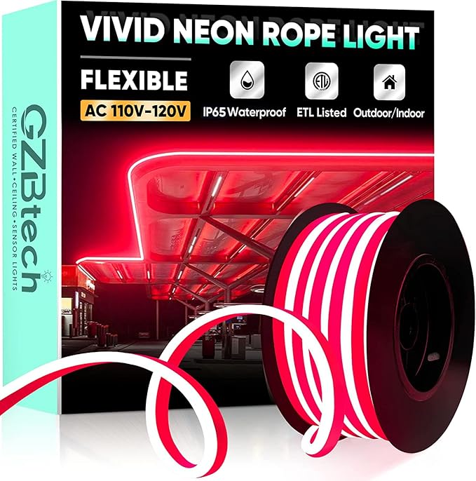 GZBtech Flexible LED Neon Rope Lights 16.4FT,AC 110-120V Waterproof Strip Light, 120LEDs/M Cuttable Connectable Neon Lighting for Indoor Outdoor Home Decor/Commercial Building Use-Red 5M, ETL Listed