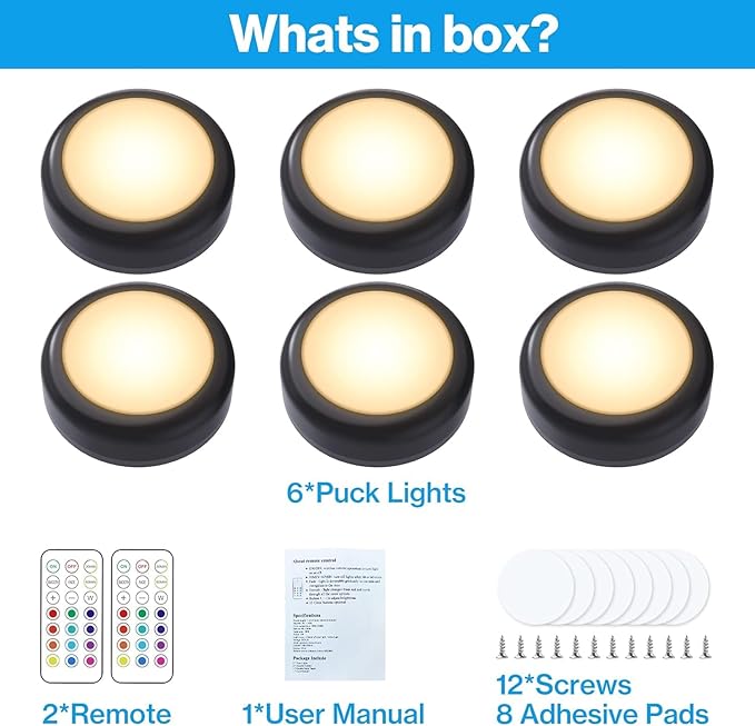 Cadrim Puck Lights, 6 Pack 13 Colors Changeable LED Puck lightings Battery Powered Dimmable Under Cabinet Lights, Battery Powered Under Counter Lights with 2 Wireless Remote Controls, Black
