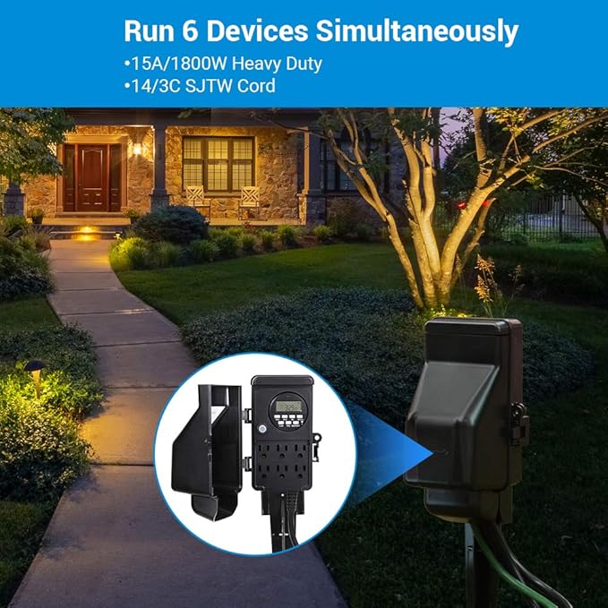 DEWENWILS Outdoor Digital Power Strip Timer, Multi Sockets, Waterproof 6 Outlets Garden Power Stake, 6ft Cord, Outdoor Timer for Lights, Yard, Garden, 15A Heavy Duty