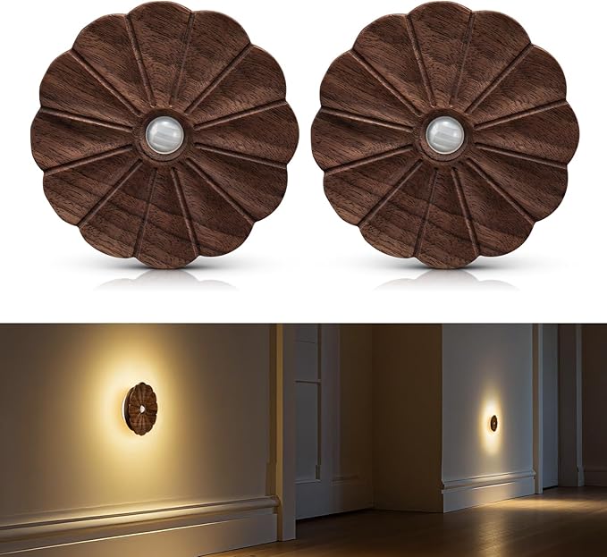 Motion Sensor Night Light Wooden Carved Flower Mini USB Rechargeable Stick-On Step Lights Magnetic Wall Lights for Hallway Bedroom Living Room Stair (2 Pack Black Walnut)