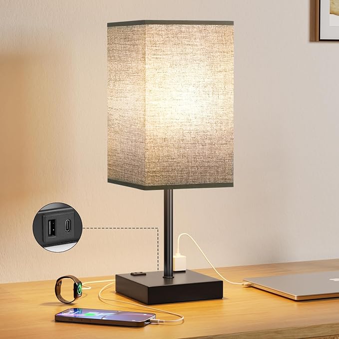 PLUS Black Bedside Lamp for Nightstand - Touch Table Lamp With Type C + A and AC Outlet, Square Charging Lamps For Bedroom Decor, Small Night Light For Office, Dorm Lamp For Men, E26 Bulb Included