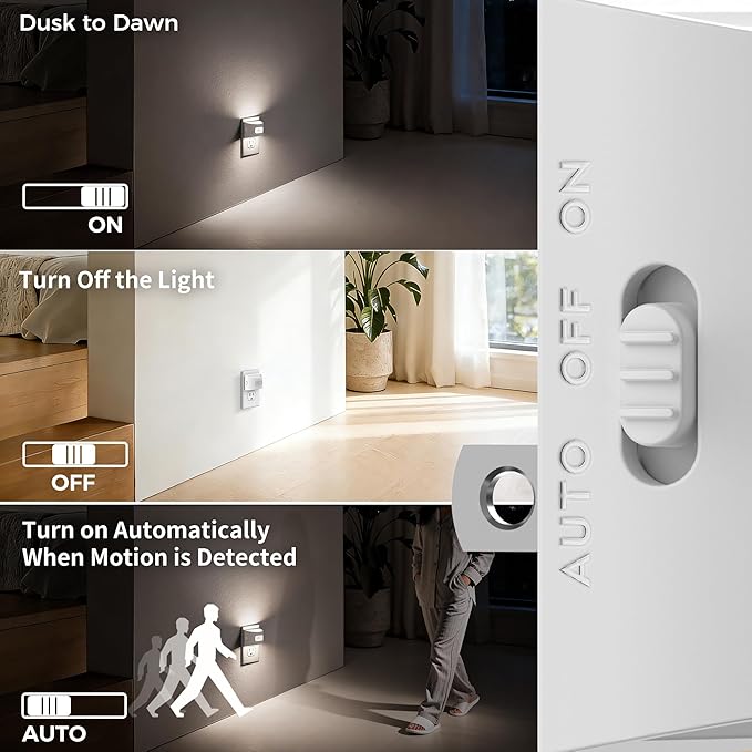 DORESshop LED Night Light[4 Pack], Night Lights Plug into Wall, 3 Mode Plug in Night Light with Motion Sensor, Dusk to Dawn Sensor, Nightlights for Adults, Bedroom, Bathroom, 5000K White Cover