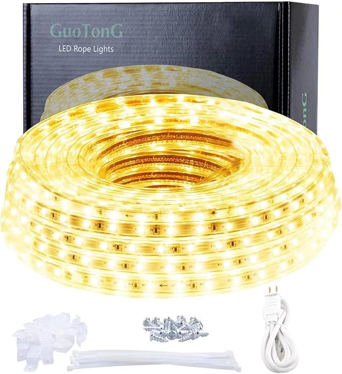 110V 2 Wire Warm White Led Strip Lights Outdoor 50ft 3000K Led Rope Lights Indoor Waterproof Flexible Cuttable Connectable with UL Listed Power Supply for Home Bedroom Garden Decoration