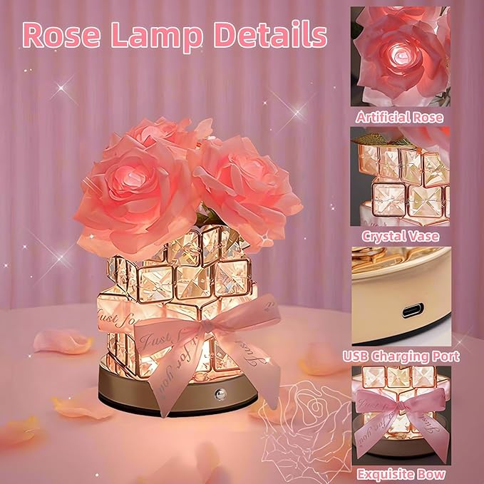 Rose Flower Lamp,Rechargeable Cordless Touch Table Lamp for Bedroom,3-Colour Dimming Small Night Light,Crystal Bedside Lamps with USB Charge,Birthday Valentine's Day Gifts for Women,Mom,Wife,Her