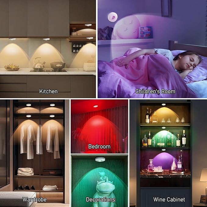 Rechargeable RGB Puck Lights,13 Colors Changeable LED Puck Lightings Remote Controls,6Pack LED Under Cabinet Counter Lighting,Battery Operated Tap Lights,Dimmable Wireless Closet lights for Kitchen