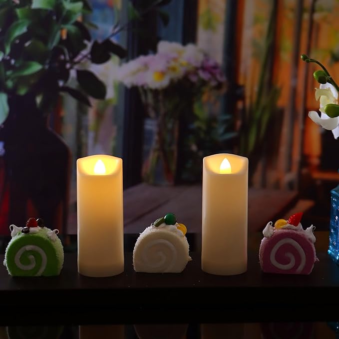 Battery Operated Plastic Flameless LED Pillar Candle with Cycling Timer, Realistic Flickering Electric Light for Indoor Outdoor Bookshelf Wedding Dinner Party Centerpiece Fireplace Decor Pack of 2