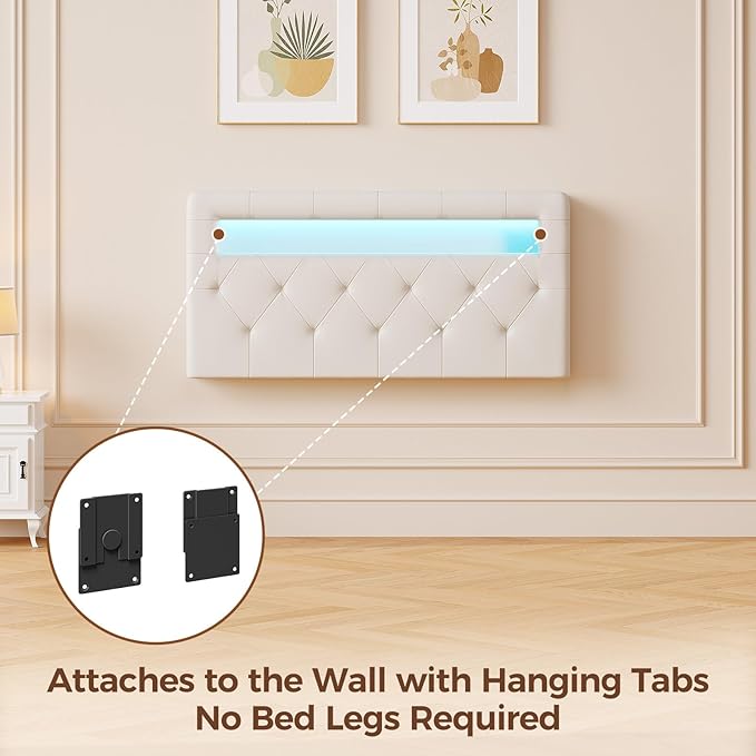 GREENSTELL Headboard for Twin Size Bed with 60,000 DIY Color of LED Light, USB & Type C Post, Upholstered, Height Adjustable, Sturdy, Easy Assembly, Wall Mounted Head Boards Only, White