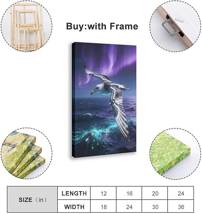 Framed Steampunk Mechanical Seagull Wall Art - Aurora Ocean Retro Poster for Bedroom Game Room Decor 08x12inch(20x30cm)