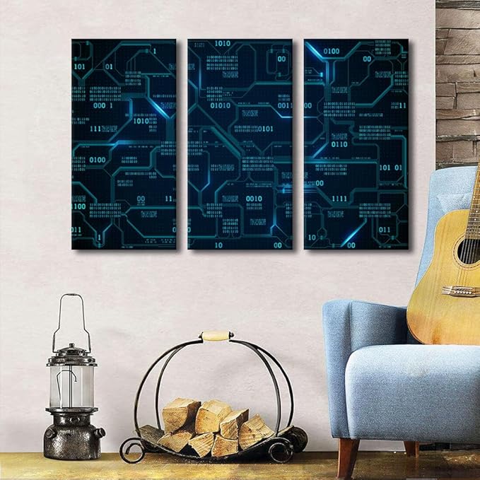 3 Panels Wall Decor CPU Concept Canvas Wall Art Technology Digital Art Contemporary Artwork for Office Electronic PC Picture Print on Canvas Framed for Living Bedroom Home Ready to Hang(28" Wx42 H)