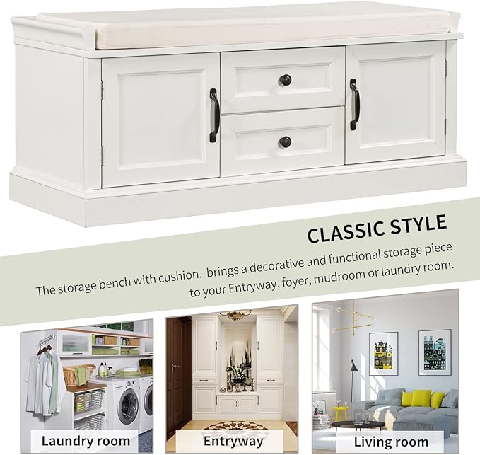 Merax Modern Wood Storage Bench with 2 Drawers and 2 Cabinets for Living Room Bed Room Entryway White