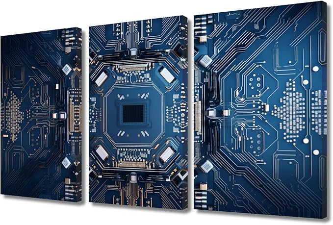 3 Panels Computer Processors CPU Wall Art for Living Room Motherboard Digital Chip Office Wall Decor Canvas Prints Chip Modern Artwork for Bedroom Bathroom Framed Ready to Hang (36"Wx24"H)