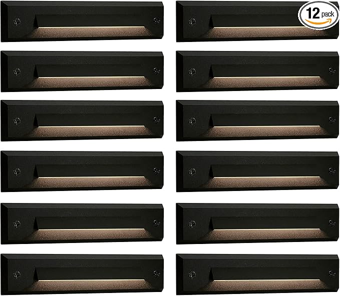 GKOLED 12 Pack Low Voltage 9-15V AC/DC LED Linear Step Lights, 2W Landscape Cutoff Stair Riser Light, Outdoor Waterproof Accent Lighting Fixtures, Die-cast Aluminum, Black Powder Coated Finish