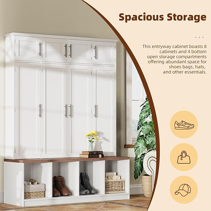 Hall Tree with Entryway Bench and Shoe Storage Compartments, Particle Board Multi-Functional Cabinet with 4 Hanging Hooks, White