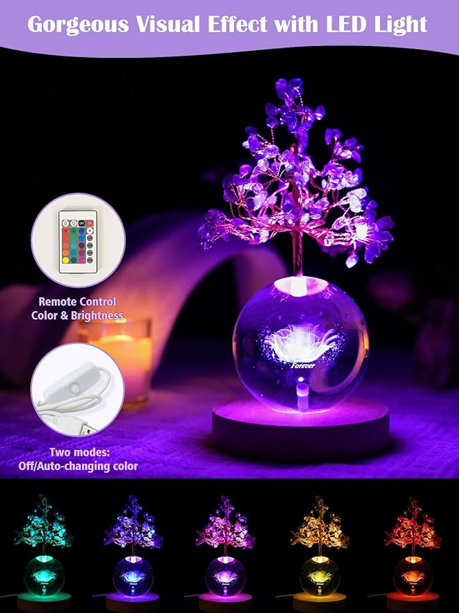 Amethyst Crystal Tree of Life for Positive Energy, Chakra Healing Tree with Remote Control Multicolor Night Light for Home, Office, Desk Decor, Purple Gift for Women, Girls (Rose)