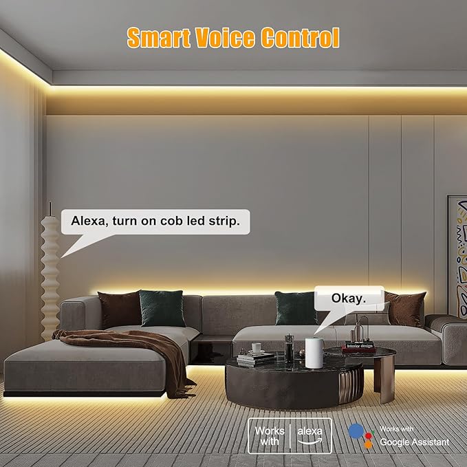 9.84ft Tunable White Smart COB Led Strip Light Kit, CCT 2700K-6500K Bright COB Led Tape Light Compatible with Alexa and Google, Dimmable Indoor COB Led Ribbon for Kitchen Cabinet, Room, TV